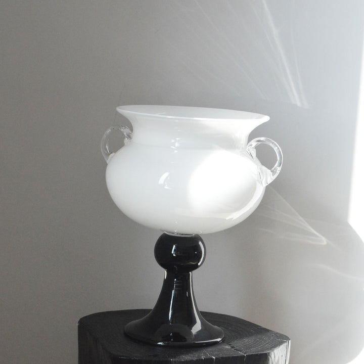 Handblown Footed Pedestal Glass Urn Vase with Applied Loop Handles Stornfield