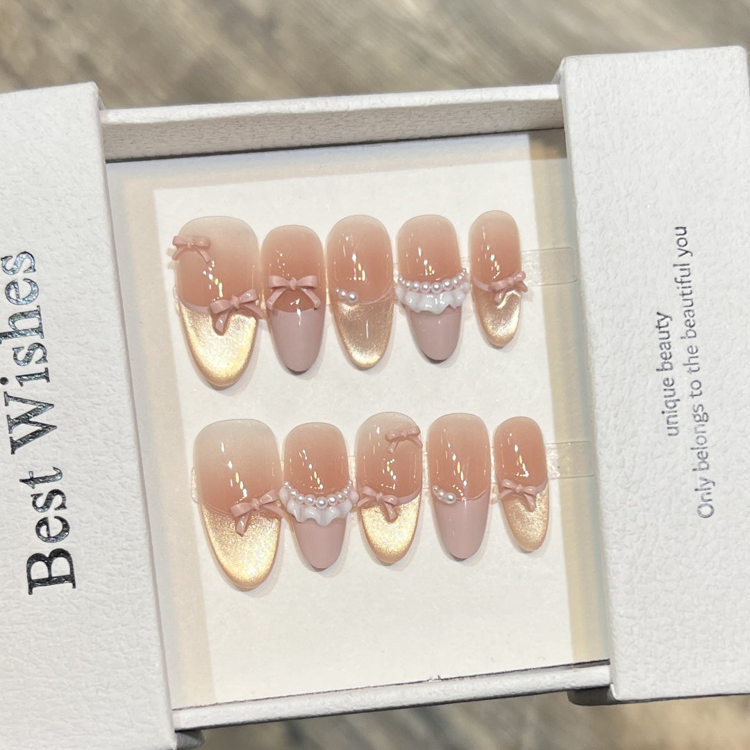 Elegant Press-On Nail Art Set with Pearl and Bow Accents Stornfield