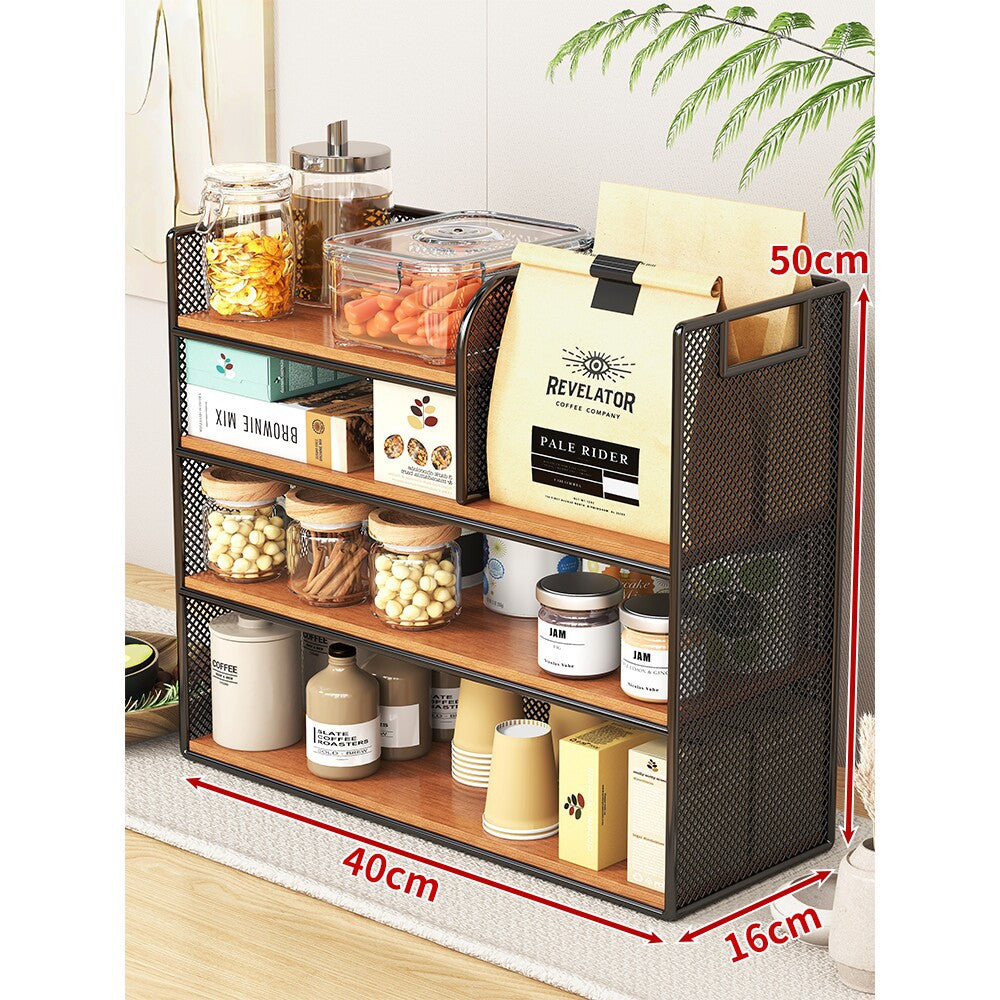 Metal Mesh Countertop Pantry Organizer with Multi-Tier Shelves and Vertical Bag Compartment