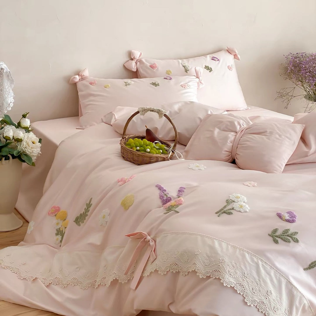 Hand-Embroidered Floral Bow-Accent Duvet Cover Set with Lace-Trim Pillow Shams