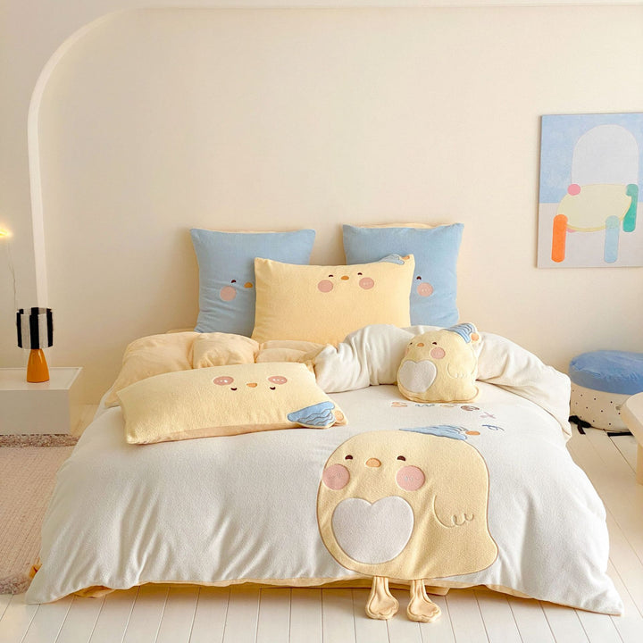 Children's Cute Plush Appliqué Cotton Duvet Cover Set with Plush Pillow Shams