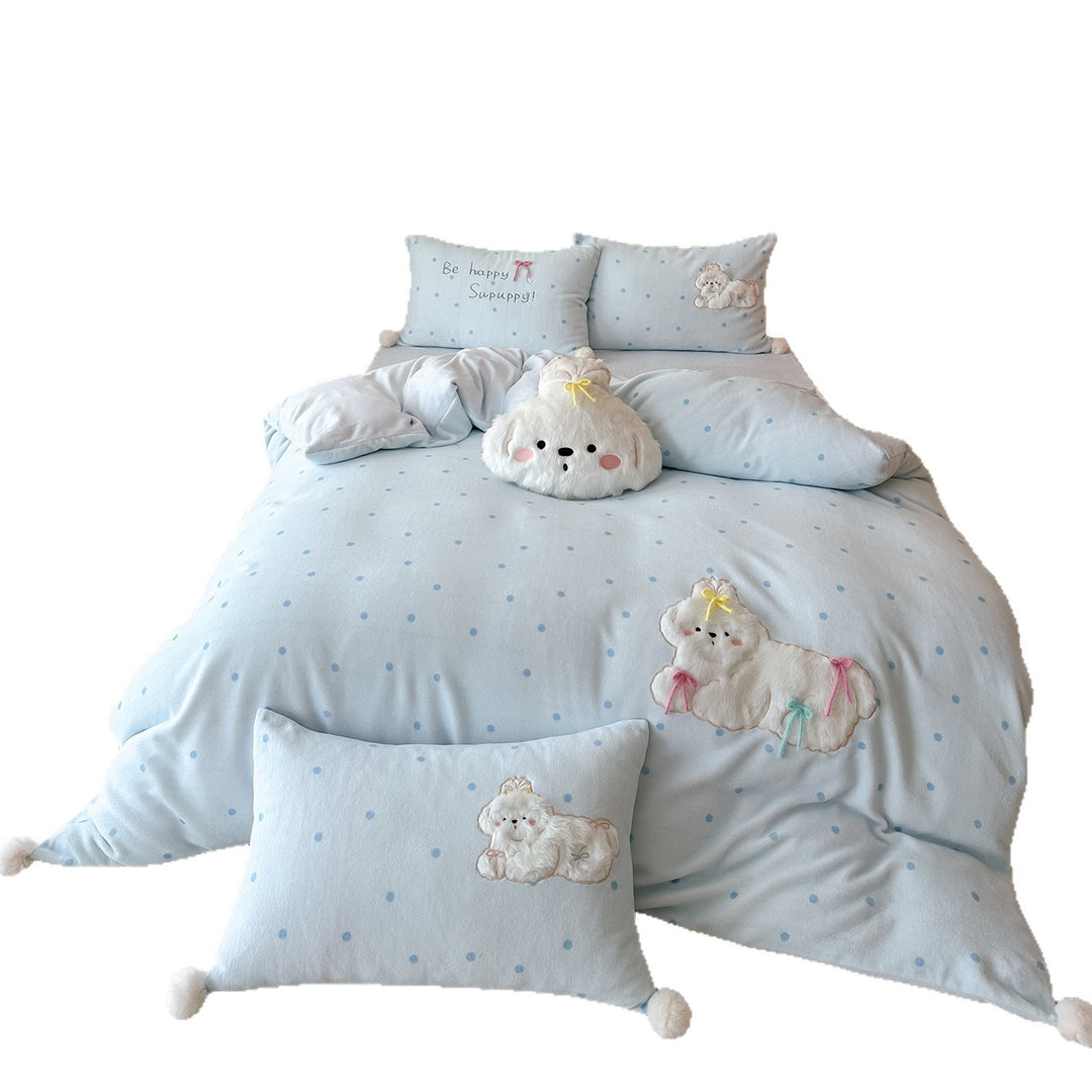 Plush Embroidered Dog Duvet Cover Bedding Set with Pom-Pom Pillowcases