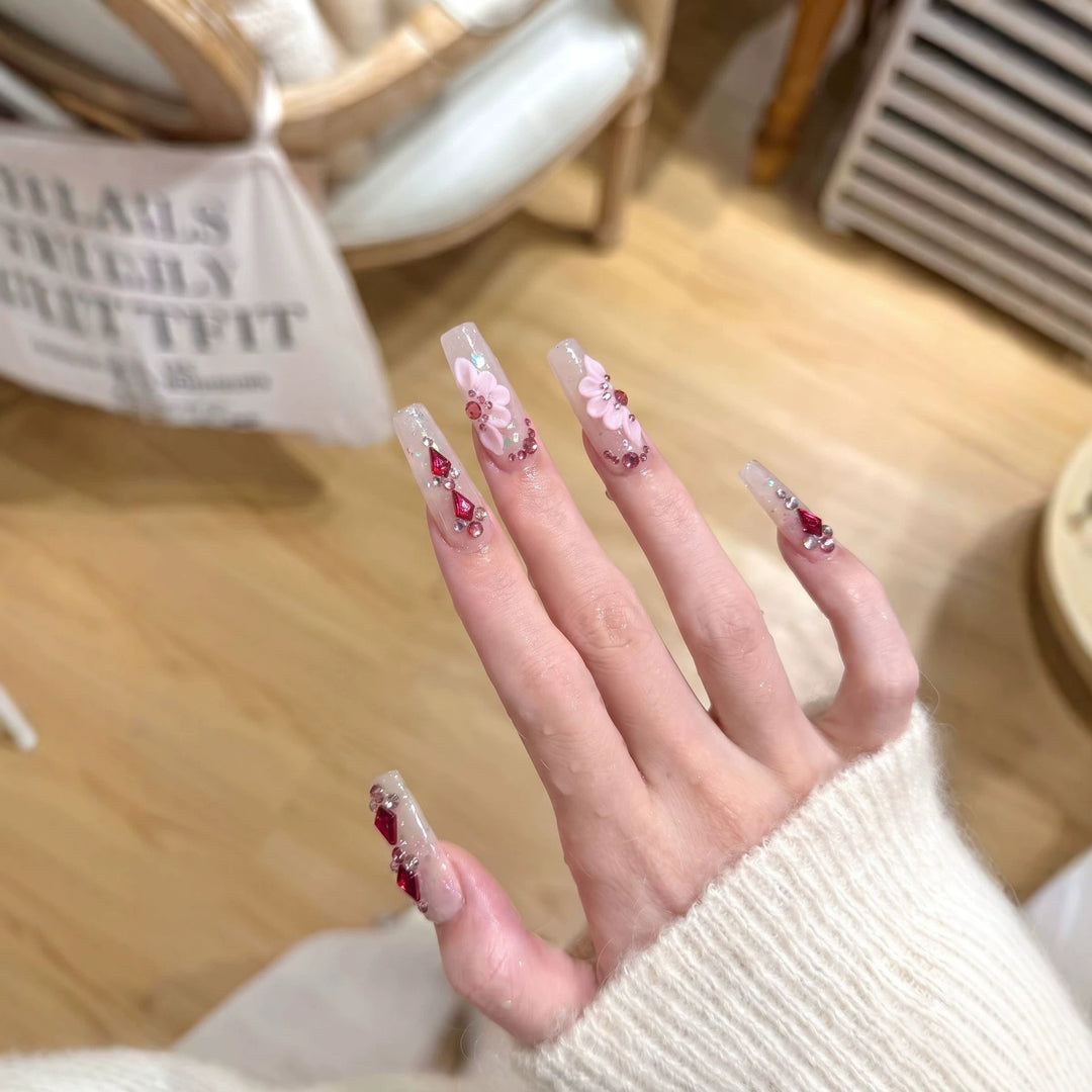 Floral-Themed Press-On Nail Set with Gemstone Accents Stornfield