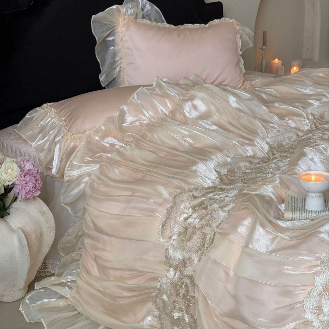 Luxurious satin bedding set with frills and lace trim