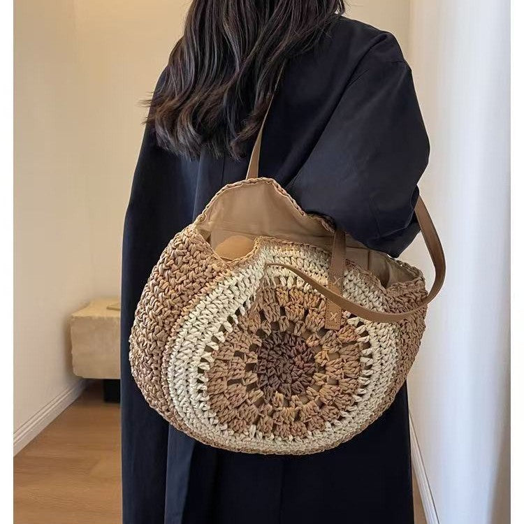 Macrame Beach Bag with Brown Leather Handles Stornfield