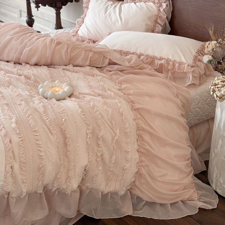 Romantic Layered Ruffle Cotton Duvet Cover Set with Pintuck Texture