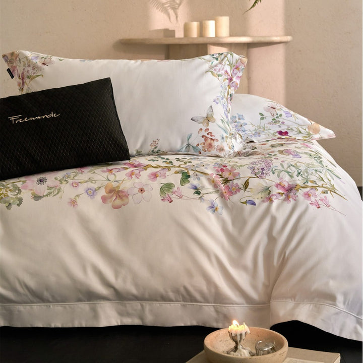 Botanical Watercolor Cotton Sateen Duvet Cover Set with Oxford Pillow Shams