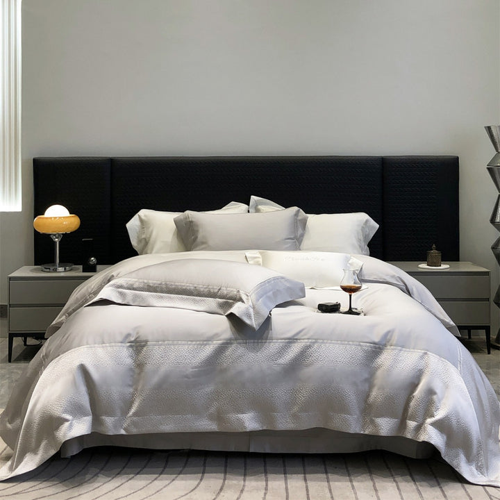 Hotel-Style Organic Cotton Duvet Cover Set with Woven Border and Envelope Pillowcases