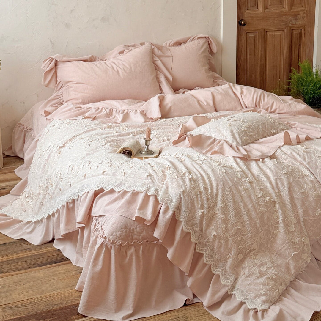 Romantic Ruffled Embroidered Cotton Duvet Cover Set with Lace Overlay & Bed Skirt