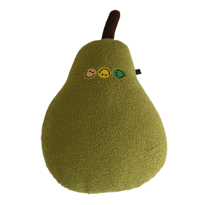 Pillow in pear shape made of teddy fleece with applied smileys