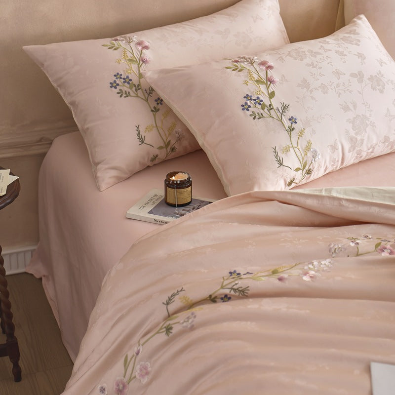 Botanical Jacquard Cotton Sateen Duvet Cover Ensemble with Delicate Sprig Embroidery and Envelope Pillowcases