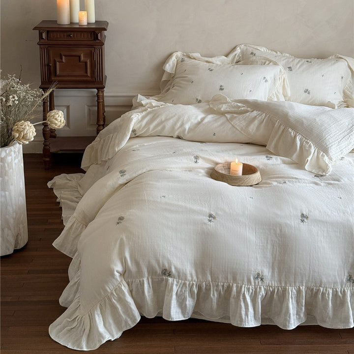 Ruffled Embroidered Linen-Blend Duvet Cover Set with Scalloped Ruffle Hem