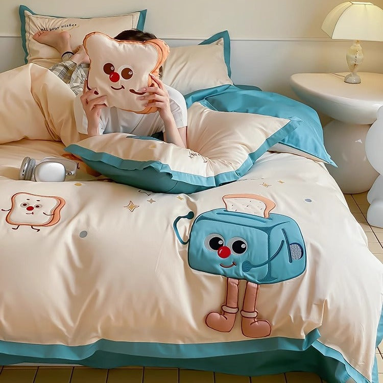 Children's Cartoon Toaster-Themed Cotton Sateen Duvet Cover Bedding Set