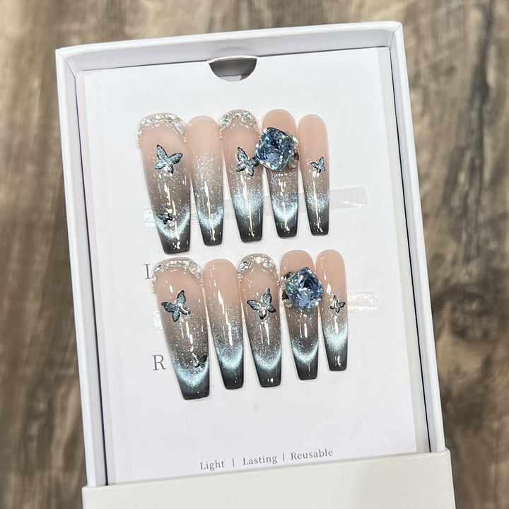 Artistic Ombre Press-On Nail Art Set with Butterfly and Gemstone Accents Stornfield