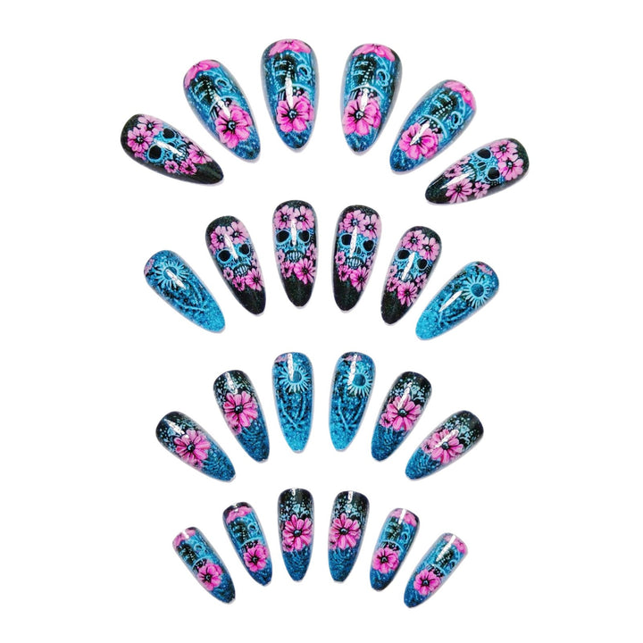 Artificial nails with Lifelike Skull Design and Floral Accents Stornfield
