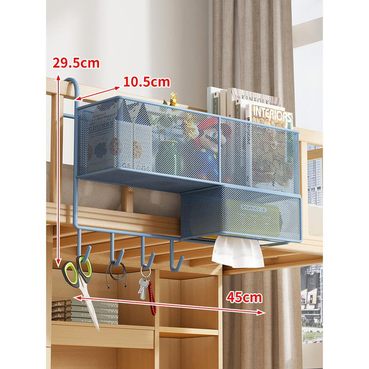 Loft Bed Under-Rail Metal Mesh Organizer with Tissue Box Drawer and Multi Hooks