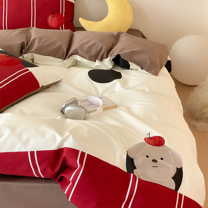 Graphic Cherry Print Cotton Sateen Duvet Cover Set with Contrast Border and Pillow Shams