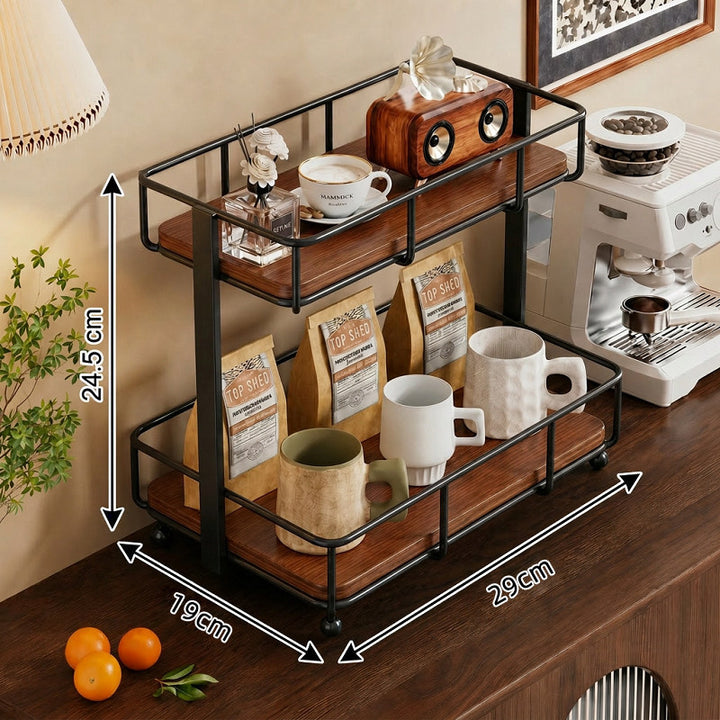 Two Tier Wood-Top Metal Countertop Kitchen Organizer Rack