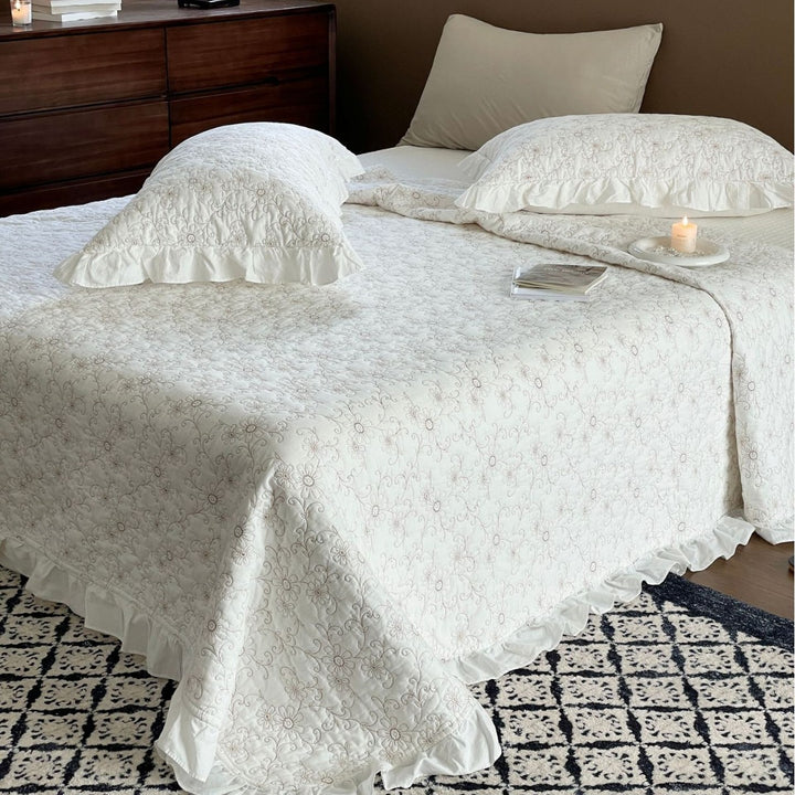 Quilted Floral Embroidered Bedspread with Ruffled Edge Pillow Sham Set