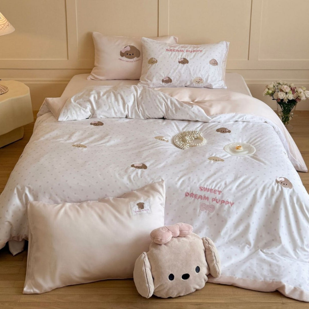 Romantic cotton satin bedding set with cute puppy embroidery and extra soft finish