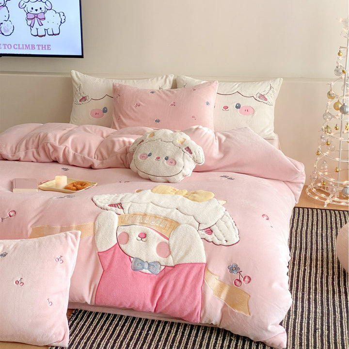 Plush Appliqué Cartoon Bunny Quilted Duvet Cover Set