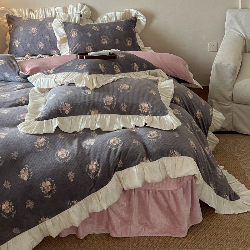 Floral Brushed Cotton Duvet Cover Set with Ruffled Satin Trim