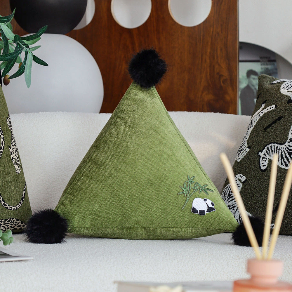Triangular Decorative Back Cushion with Panda Embroidery and Fluffy Pom Poms Stornfield