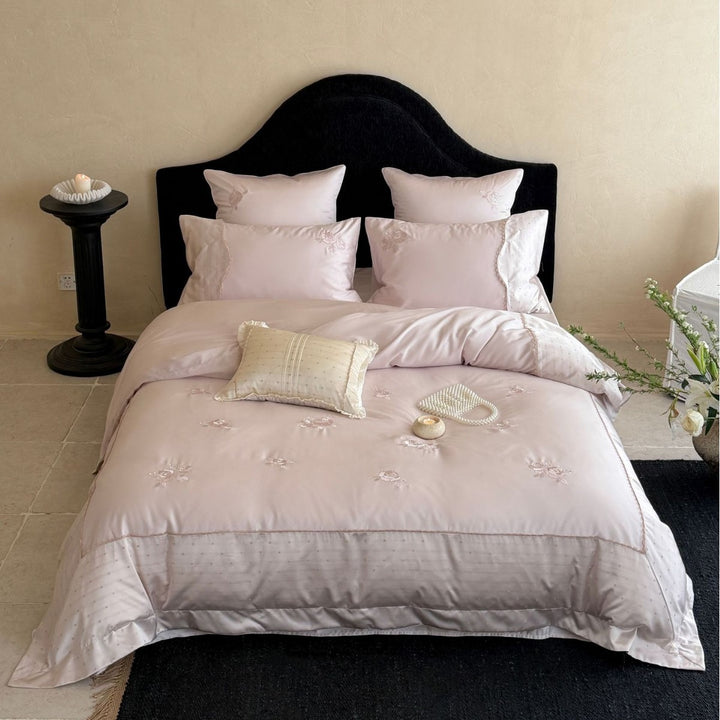 Embroidered Satin-Feel Duvet Cover & Comforter Set with Decorative Pillow Shams and Scalloped Edge