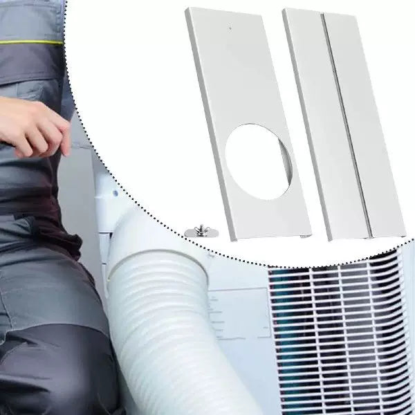 Unisex universal size portable air conditioner window ventilation plate adapter with circular exhaust cutout and adjustable sliding panel Stornfield