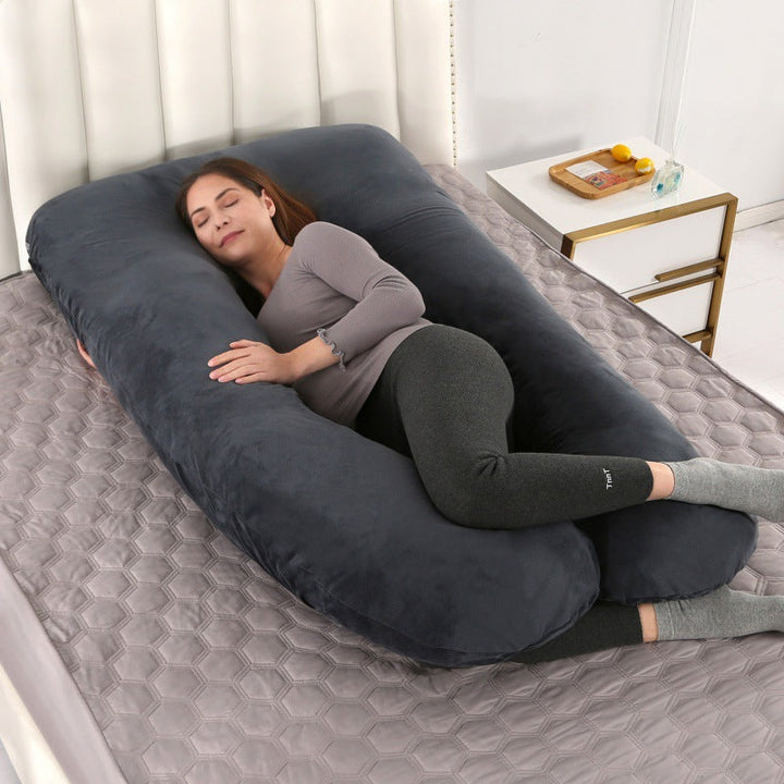 ergonomic U-shaped full-body maternity support pillow with removable washable velour cover and adjustable inner bolster Stornfield