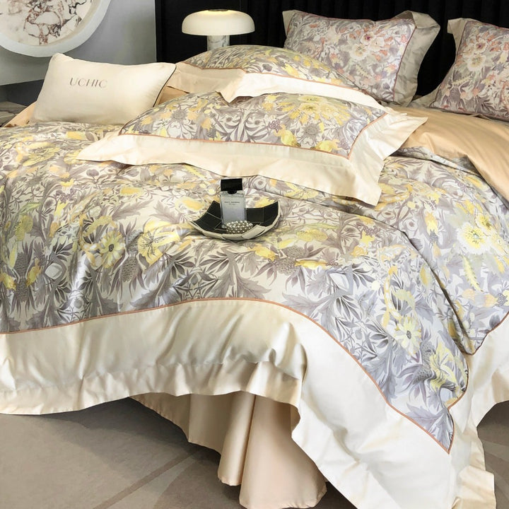 Luxurious cotton satin bedding set with floral print, ruffled bed skirt, and pillowcases