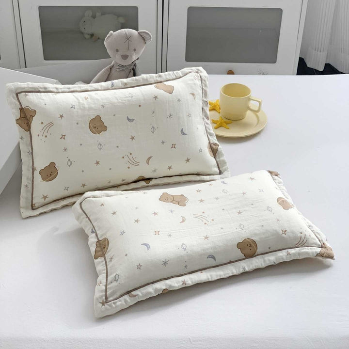 Baby Muslin Pillow Set with Bear Print & Soft Gauze Ruffled Edge