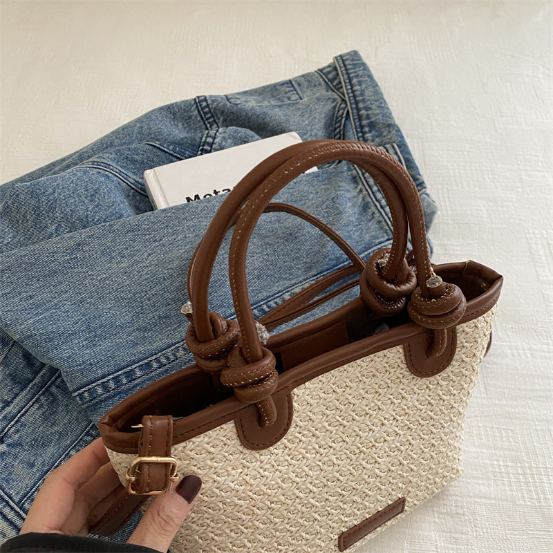 Woven Straw Tote Handbag with Leather Accents