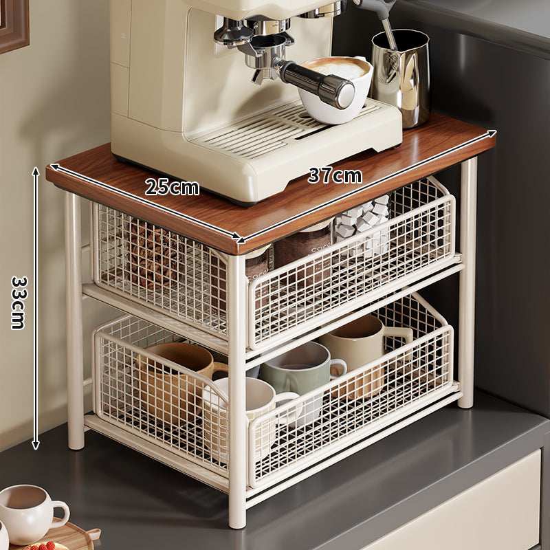 Compact Two-Basket Metal Mesh Countertop Organizer with Natural Wood Top