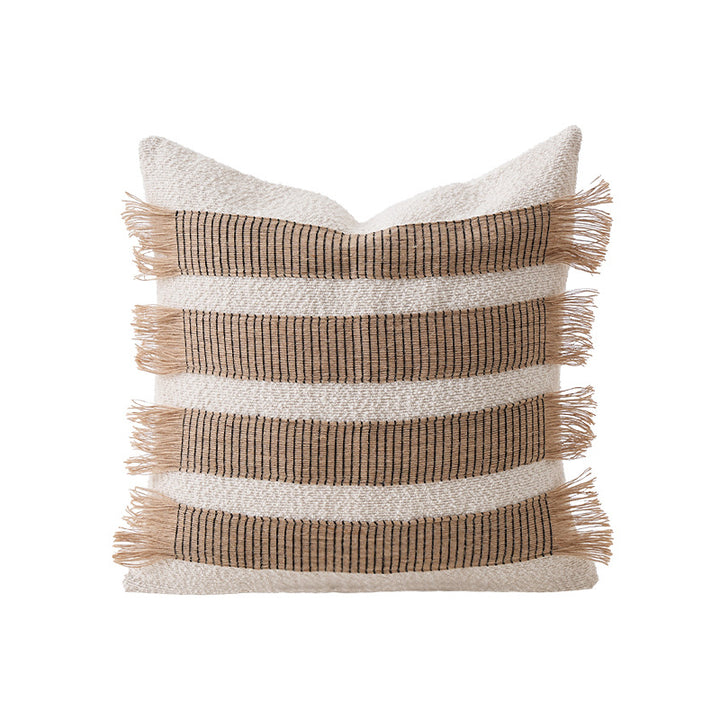 Rectangular decorative cushion with fringes and woven stripes
