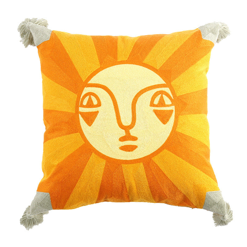 Square cushion cover in graphic geometric relief with decorative tassels