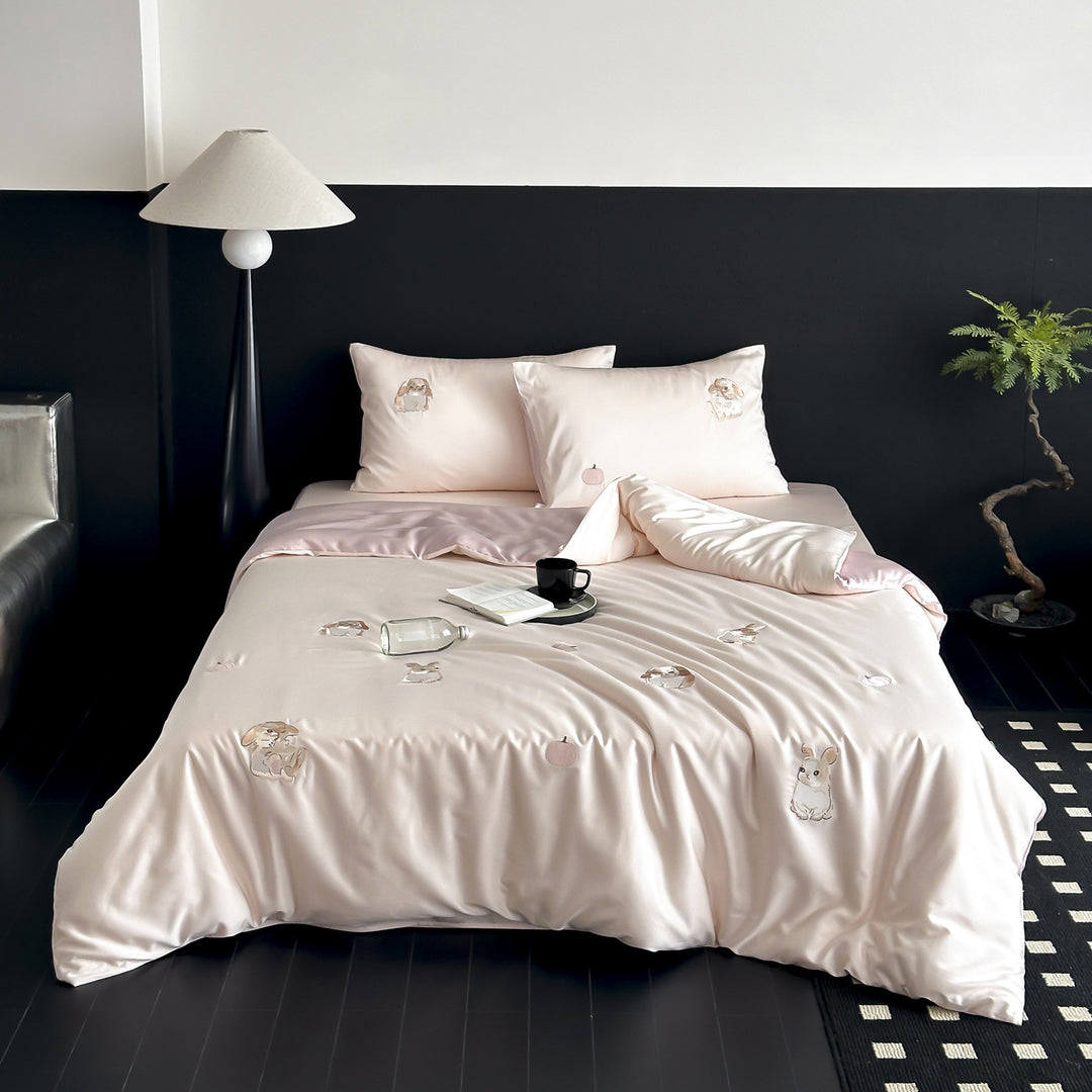 Silky Embroidered Rabbit-Motif Duvet Cover Set with Pillowcases