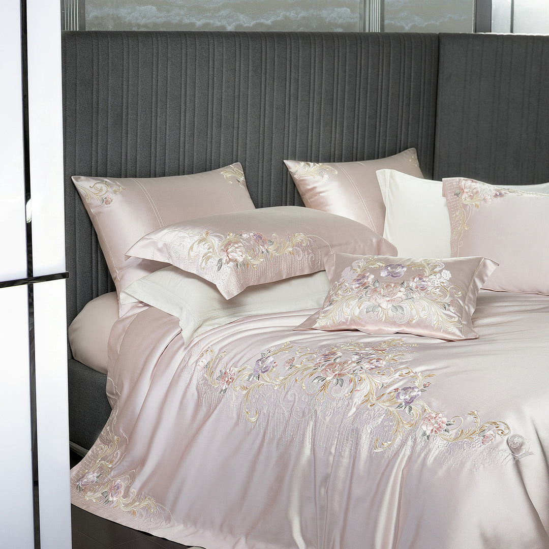 Embroidered satin bedding set with luxury appliqués