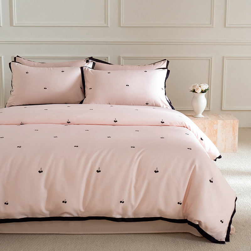 Embroidered Cherry Cotton-Sateen Duvet Cover Set with Contrast Piped Edge