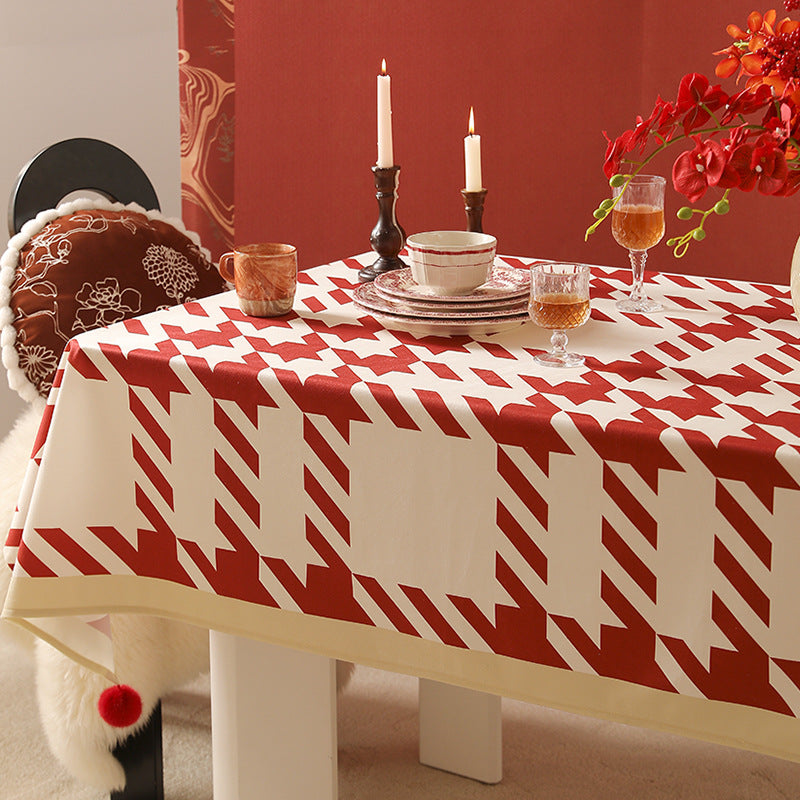 Rectangle wipeable tablecloth with diagonal checkered design and tassels Stornfield