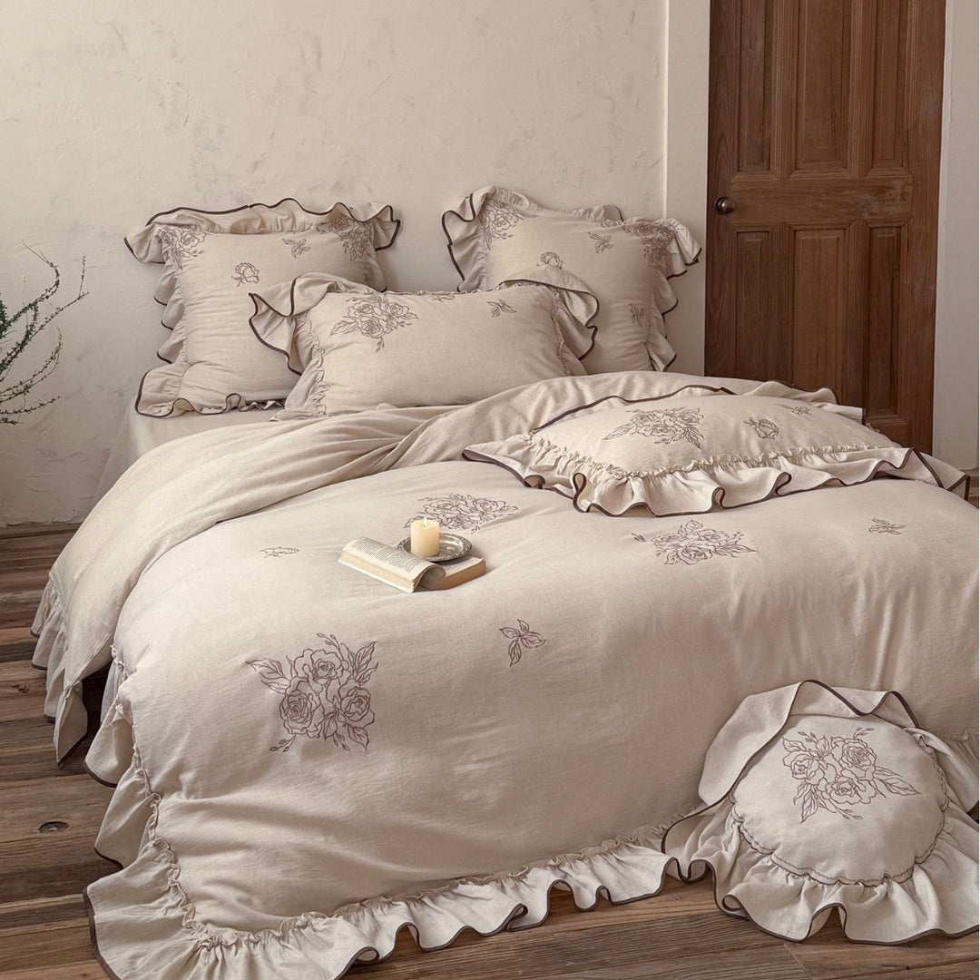Embroidered Floral Ruffled Linen Duvet Cover Set
