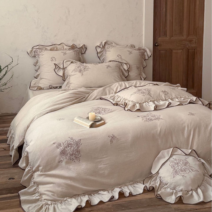 Embroidered Floral Ruffled Linen Duvet Cover Set