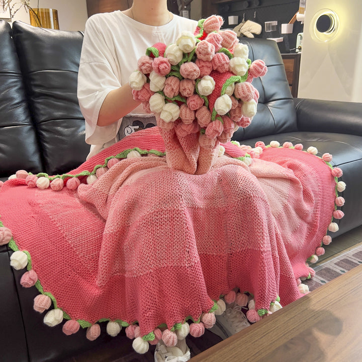 Hand-Knitted Floral Pom‑Pom Throw Blanket and Cozy Slipper Sock Set