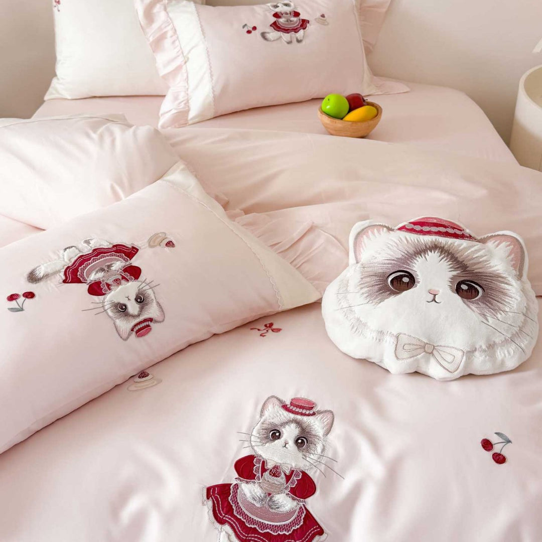 Ruffled Satin-Feel Embroidered Kitten Motif Duvet Cover Set with Plush Decorative Pillow