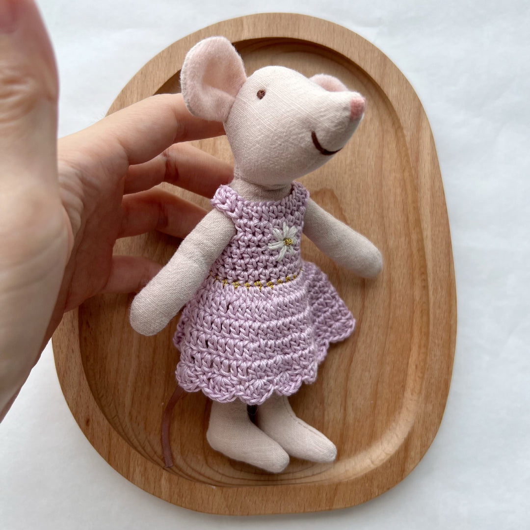 Miniature Hand-Sewn Linen Mouse Soft Toy with Crocheted Dress