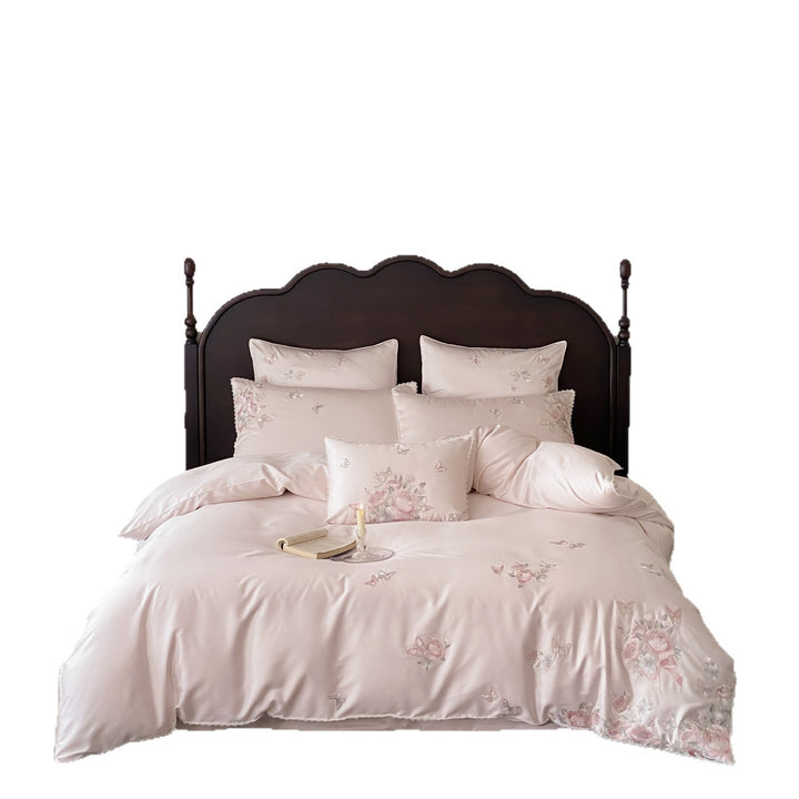 Vintage Rose Embroidered Satin Duvet Cover Ensemble with Scalloped Lace Trim