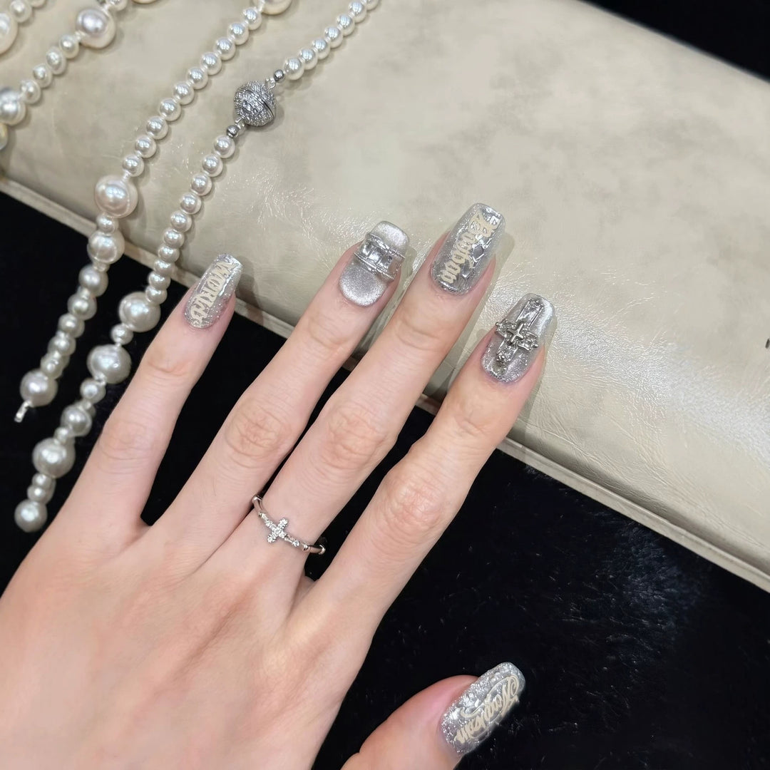 Metallic Press-On Nail Set with Decorative Silver Accents Stornfield