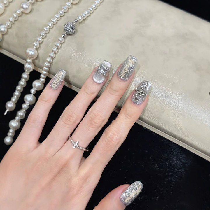 Metallic Press-On Nail Set with Decorative Silver Accents Stornfield