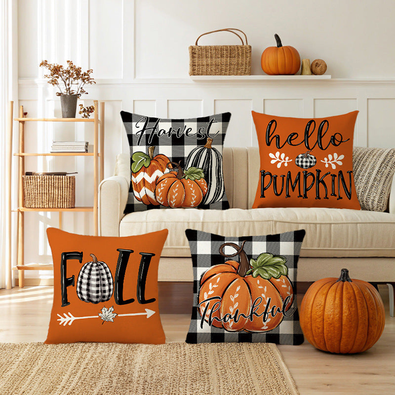 Decorative Throw Pillow Cover Autumn Pumpkin Thankful Buffalo Check Accent Case