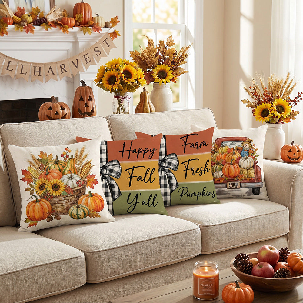 Decorative Autumn Basket Pumpkin Sunflower Square Pillow Cover with Hidden Zipper